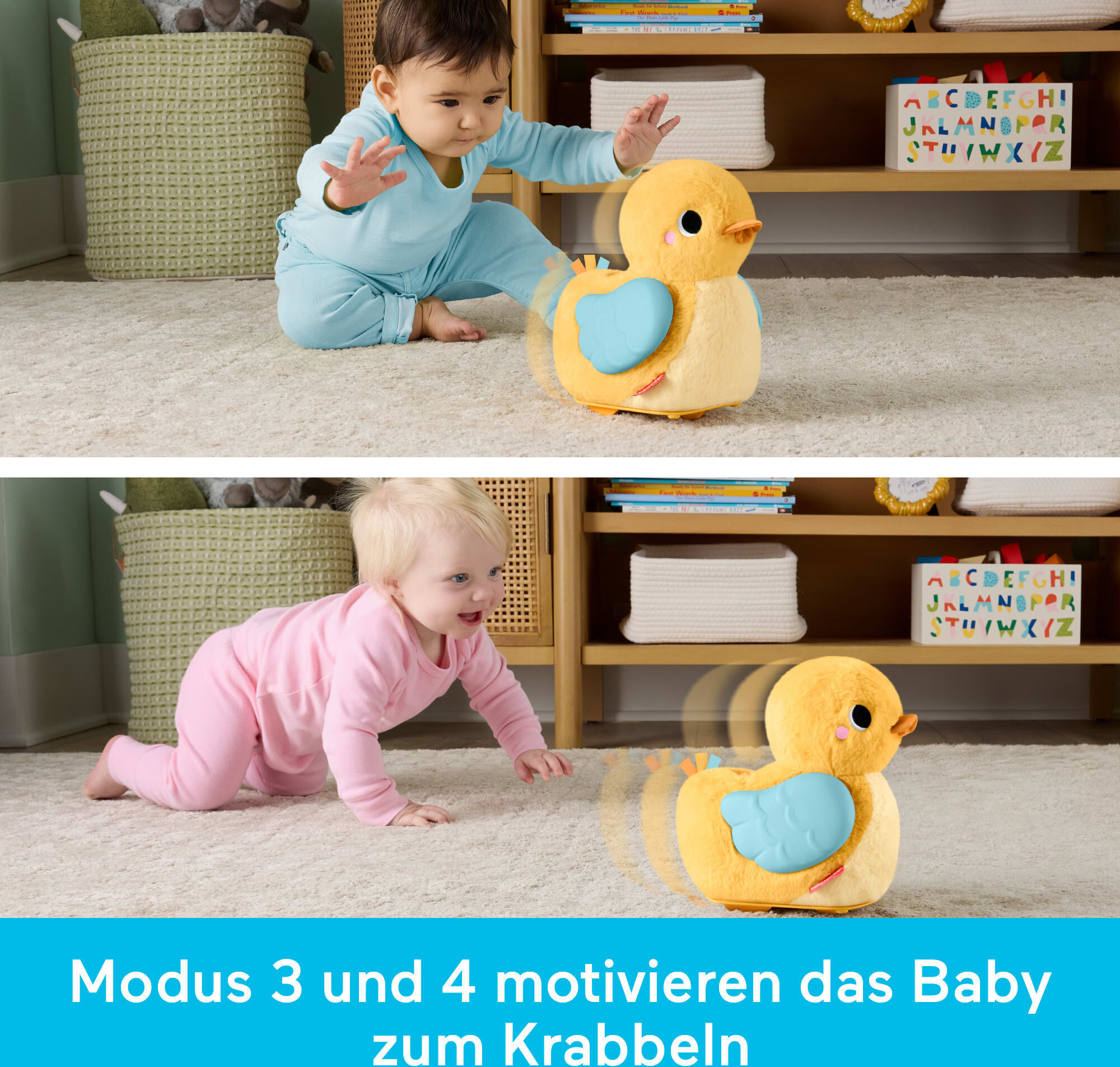 Fisher Price Plüschfigur FISHER-PRICE "4-in-1 Knuddel- und Krabbel-Ente", gelb, Plüschfiguren, KinderH:8cm L:19cm, Plüschfigur, H:8cm L:19cm