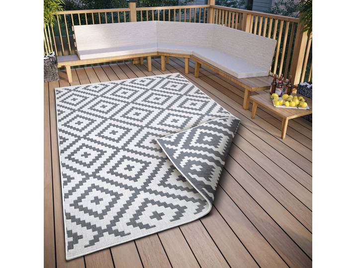 Teppich GOODPRODUCT Ronda Wendeteppich Gr. 3, grau (grau, creme), B:120cm H:5mm L:170cm, Kunstfaser, Teppiche, Teppich, Sisal-Optik, Flachgewebe, In- und Outdoor, geometrisches Boho Design
