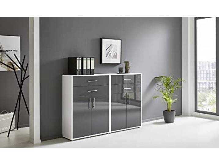 BMG Möbel Aktenschrank Office Edition Set 17, Büroschrank mit Metallgriffen Made in Germany (Weiß/Anthrazit Hochglanz)