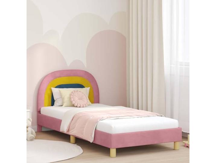 RJPLMFV Bettgestell für Kinder, Rosa, 80 x 200 cm Holzwerkstoff, Velours, Kopfteil inklusive, Design mit Latten, pflegeleicht