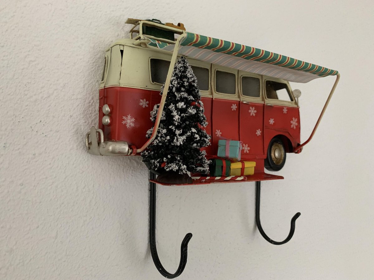 Retro Bus VW T1 Metalen Wandbord met Luifel en 2 Haken - Rood