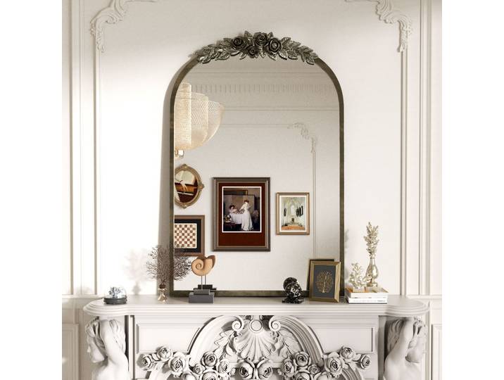 Miroir mural antique avec cadre en métal, miroir en laiton arqué, style baroque, vintage, pour entrée, cheminée