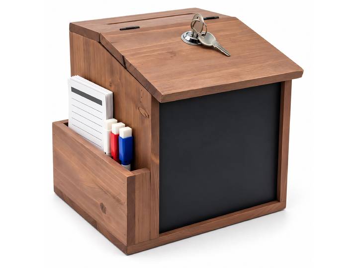 Boîte de suggestions Relaxdays\, urne de vote\, boîte à réclamations\, avec tableau\, verrouillable\, dimensions : 20x21x16 cm\, boîte à dons\, en bois\, couleur naturelle