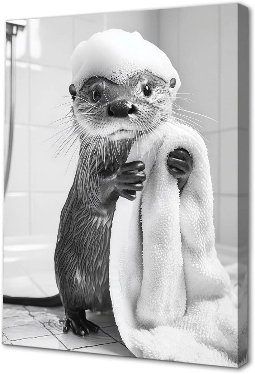 Badkamer Poster met Dieren Decoratie en Houten Frame in Zwart-Wit, 30 x 40 cm