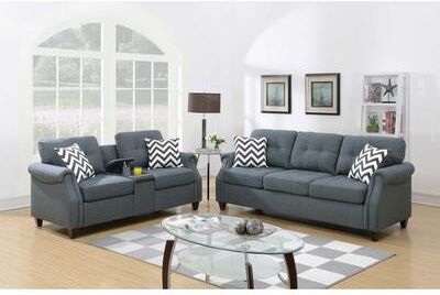 Esofastore Transitional Style 2pc Tufted Sofa Set Cup Holder Blue Gray Finish