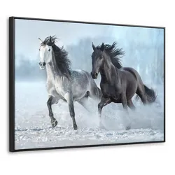 LEINWAND Bilder mit Rahmen - Pferde - Winter - Tiere - Natur - Schnee - 100x70