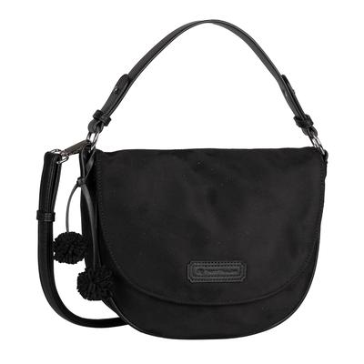 Umhängetasche TOM TAILOR "Idra", Damen, Gr. B/H/T: 26cm x 24cm x 10cm, schwarz, Textil, clean, gepflegt, unifarben, Taschen Umhängetasche, Damen Schultertache, Bommel und geprägtem Logo-Patch