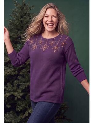 Plus Size Women's Holiday Motif Sweater by Woman Within in Radiant Purple Stars (Size L) Pullover