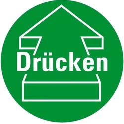 Aufkleber I Türhinweis Drücken mit Pfeil, verhindert Stoßverletzungen, grün, Folie, Ø 100mm