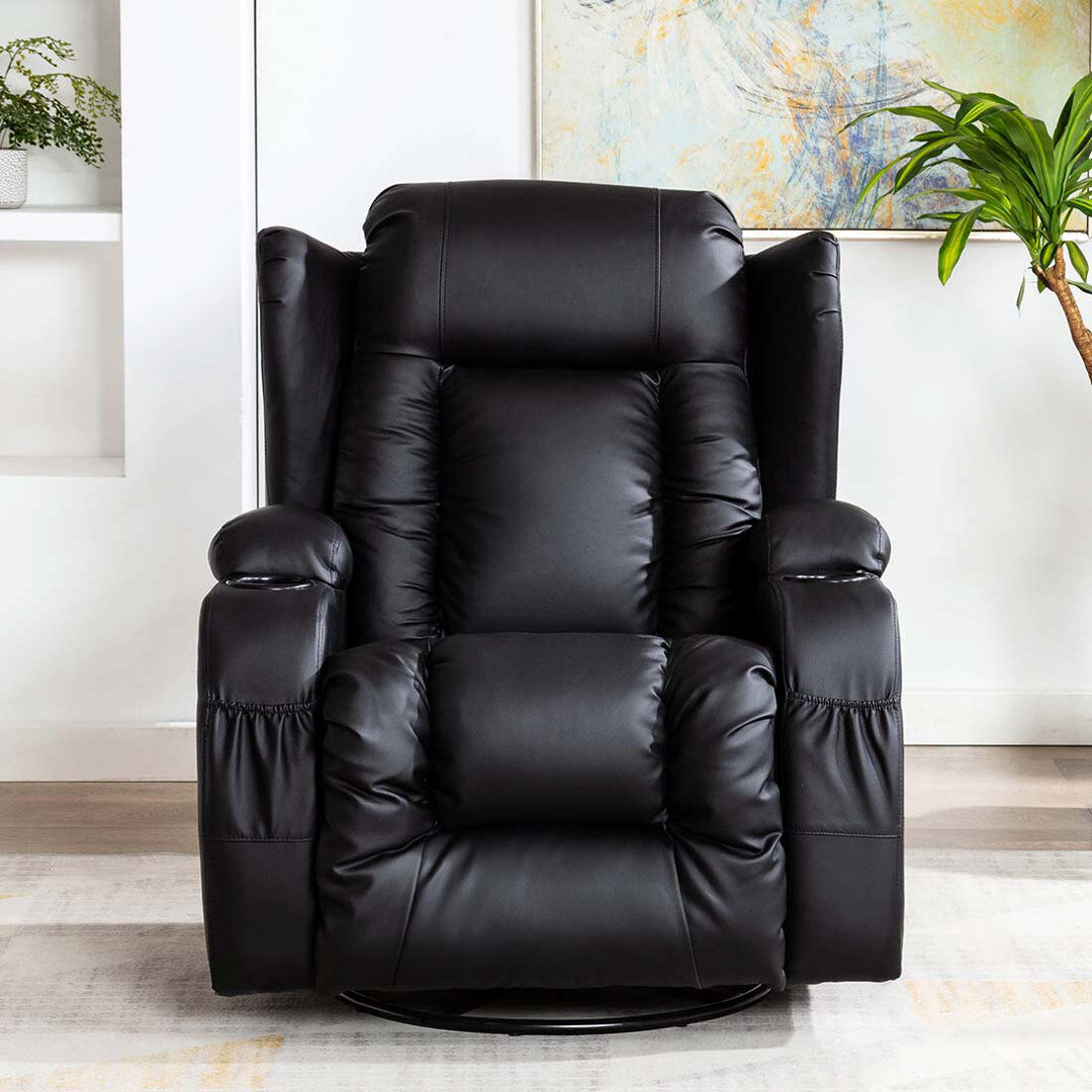 Ebern Designs Deneishia 87cm Wide Bonded Leather Cinema Recliner with Heat & Massager Black 105cm H X 87cm W X 98cm D
