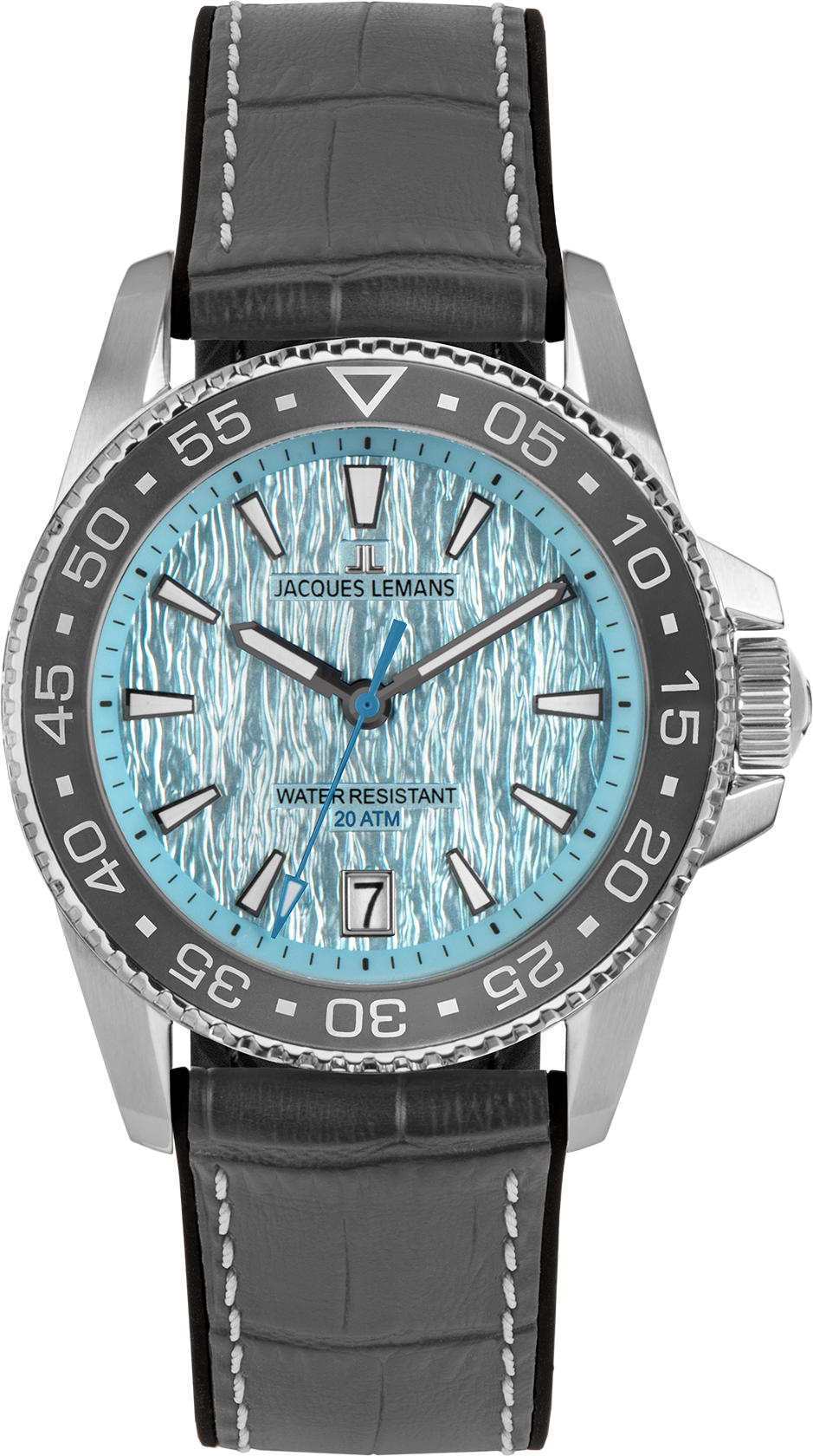 Quarzuhr JACQUES LEMANS "Liverpool Diver", blau (grau, hellblau, hellblau), Armbanduhren, Herren, silberfarben, Quarzuhr, Armbanduhr, Herrenuhr, Lederarmband, analog, Tag