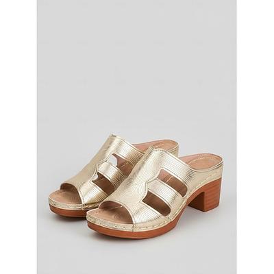 Damen-Sandalen mit Metallic-Finish – geprägtes Goldmuster, Blockabsatz, bequemer Slip-On-Stil, perfekt für Ausflüge aufs Land und Treffen im Freien