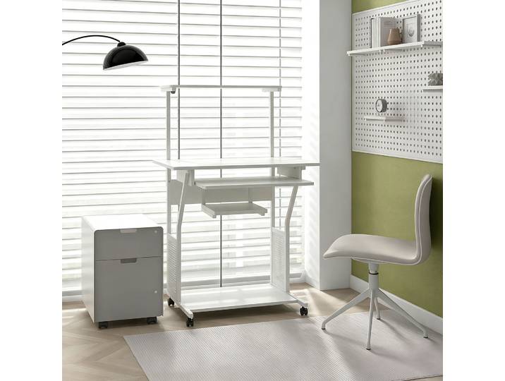 HOMCOM Bureau Roulant Blanc avec Rangement et Plateau Clavier