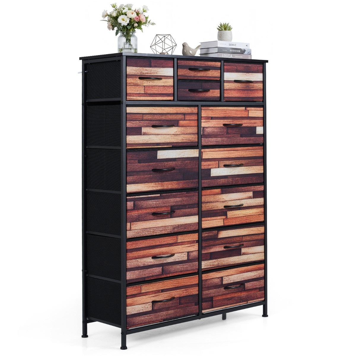 Costway Ladekast met 14 lades, hoge vrijstaande kast van non-woven stof met metalen frame, Model 1
