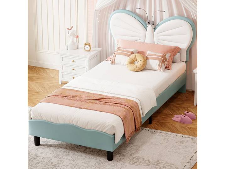 Lit princesse - LUMINARIX - 90x200 cm - Tête de lit avec LED - Similicuir - Velours bleu