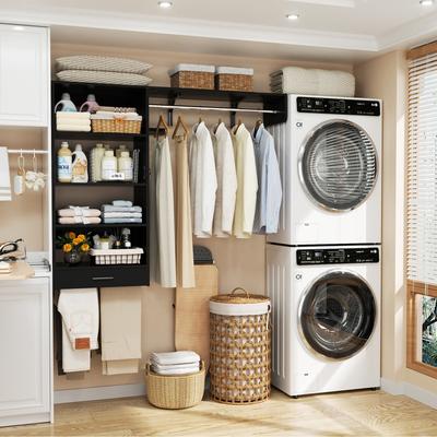 Rackcog 60'' Wall-mounted Closet System with Hanging Rods, Clothing Organizer with Tower Shelves for Laundry Room