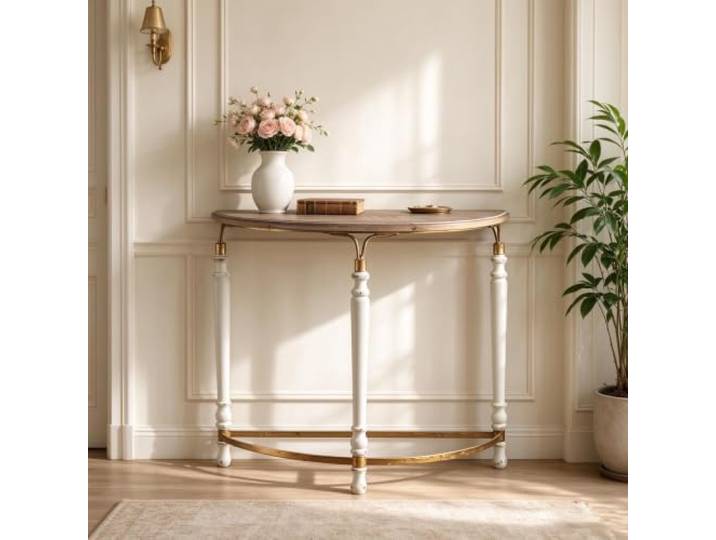 Moderne Farmhouse Holzkonsole Flurtisch Klein Halbmond Akzenttisch Verwitterte Tischplatte Für Flur Wohnzimmer Foyer Wohndeko Platzsparend(White)
