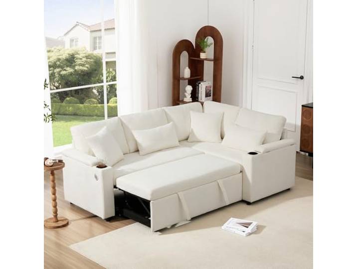 Merax Sofa Ecksofa mit Schlaffunktion, Praktisches Schlafsofa mit Bettkasten, Schlafcouch mit Stauraum, Getränkehalter, USB-Ladeanschluss und Armlehnenablage, für Wohnzimmer/Schlafzimmer, Beige