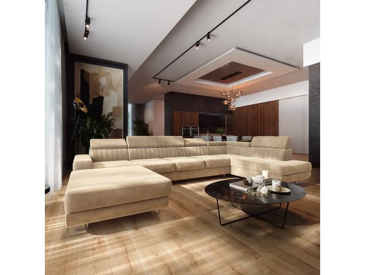 Masseno Ecksofa GAIAN mit Schlaffunktion und Bettkasten, Schlafsofa, U-Form Sofa, Couch für Wohnzimmer - Creme, MONOLITH 04