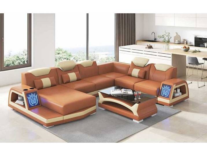 Xlmoebel Wohnlandschaft Braunes Ledersofa in U-Form für elegantes Wohnen, Ecksofa U-Form, Hergestellt in Europa