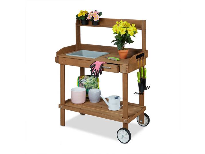 Relaxdays Pflanztisch Braun Holz mit Rollen 120x97x49 cm, Holz, Kunststoff, 97x120x49 cm, Gartenzubehör, Geräteschuppen