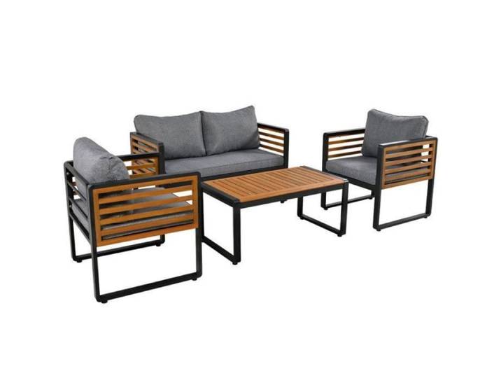 Ensemble de jardin extérieur robuste – Salon de jardin en fer traité et acacia –Table basse pratique –Résistant SALON BAS DE JARDIN