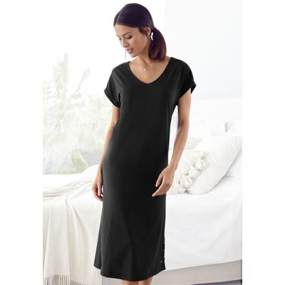 Nachthemd LASCANA, Damen, Gr. 36/38, N-Gr, schwarz, Single Jersey, Obermaterial: 50% Baumwolle, 50% Viskose, unifarben, bequem Midi, V-Ausschnitt, angeschnitten,mit Aufschlag, Kleider Nachthemd, mit Seitenschlitzen