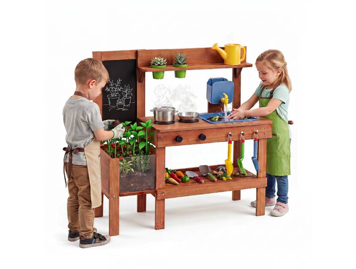 Houten Modderkeuken Kinderkeuken met Plantenbak & Bord Speelkeuken met Watertank Spoelbak & Kraan
