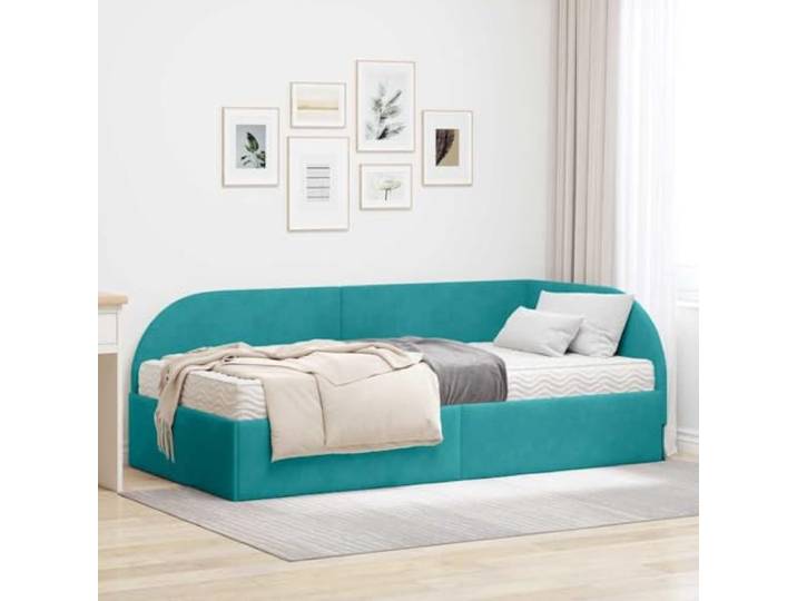 HFMDRMU Samt-Eckbett mit Matratze und wandmontiertem Kopfteil, Türkis, rechteckiges Design mit Sperrholzrahmen, mittelharte Schaumstoffmatratze für erholsamen Schlaf, manuelle