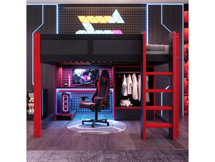 Lit mezzanine - KOMHTOM - Gaming - 140 x 200 cm - Bureau et rangements intégrés - LED intégrée