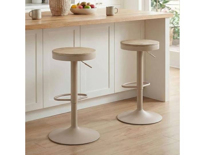 Kidol & Shellder Barhocker 2er Set Beige, Höhenverstellbar 56-80cm, Drehbar, Ohne Lehne, Holz Sitzfläche, Mit Fußrasten, Küchenbarhocker