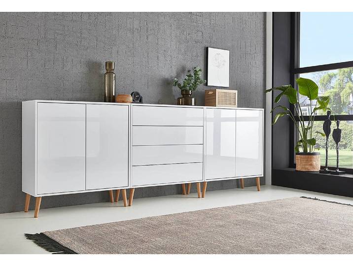 Sideboard 237 cm - Holzfüße Typ B 237 x 88 x 33cm Weiß/Hochglanz Weiß