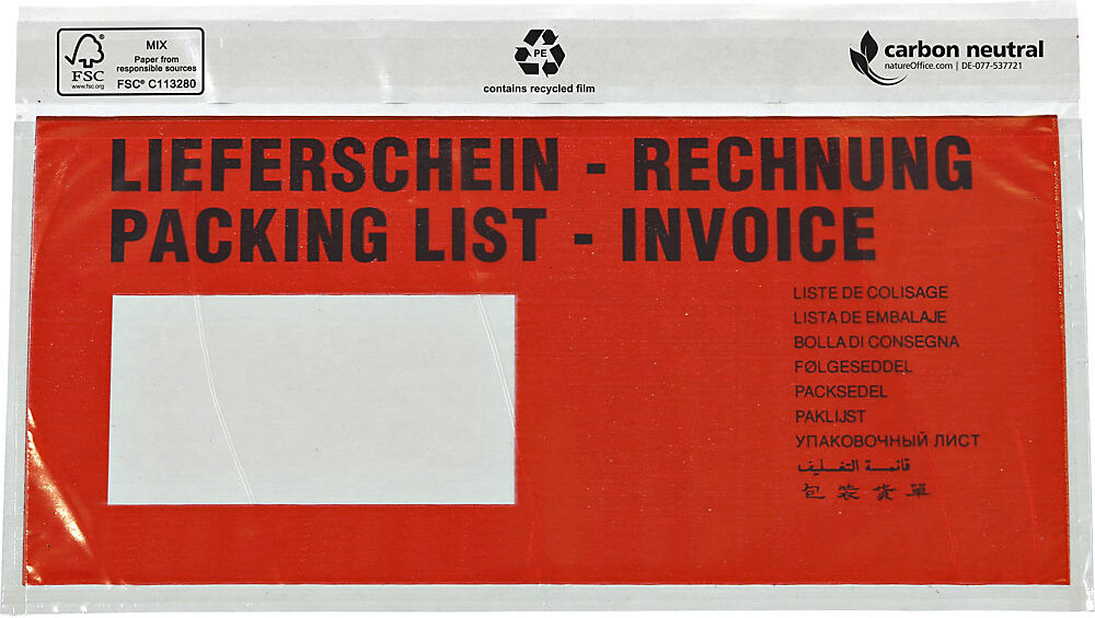 Recycling-Dokumententaschen, Aufdruck Lieferschein - Rechnung, VE 1000 Stk, LxB 240 x 117 mm ratioform