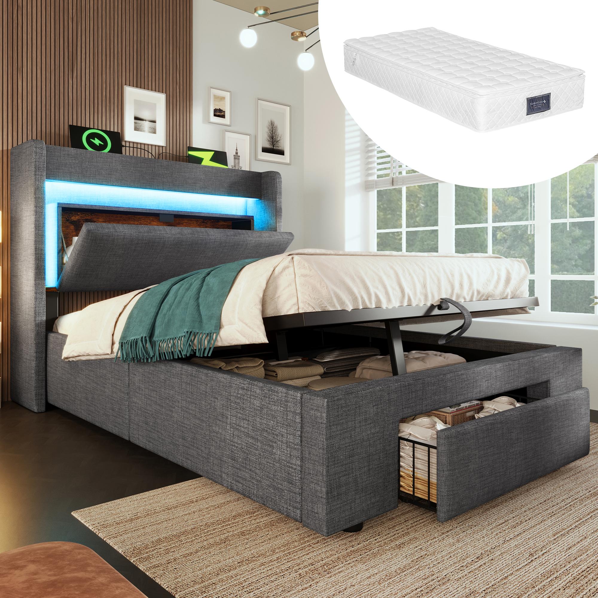 Polsterbett 90x200 cm mit hydraulischem Stauraum und Kopfteil mit Aufbewahrungsfach, LED-Beleuchtung sowie USB & USB-C Anschluss, Mit Matratze