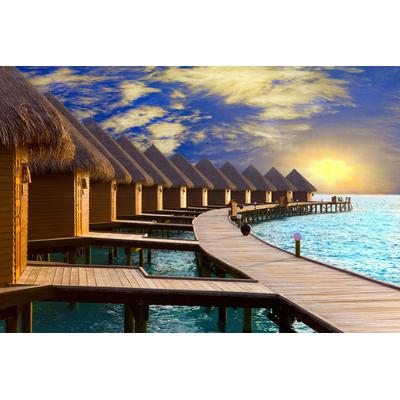 Fototapete PAPERMOON "MALDIVEN-STEG MEER STRAND INSEL SONNE BRÜCKE WOLKEN SEE", bunt, B:4m L:2,6m, Vlies, Tapeten