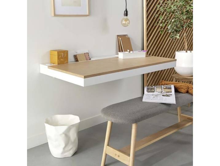 Bureau mural chêne et blanc 120cm - avec passe câbles