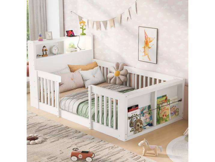 WUVRIE Lit enfant 90 x 190 cm blanc avec barrières hautes USB veilleuse et rangements