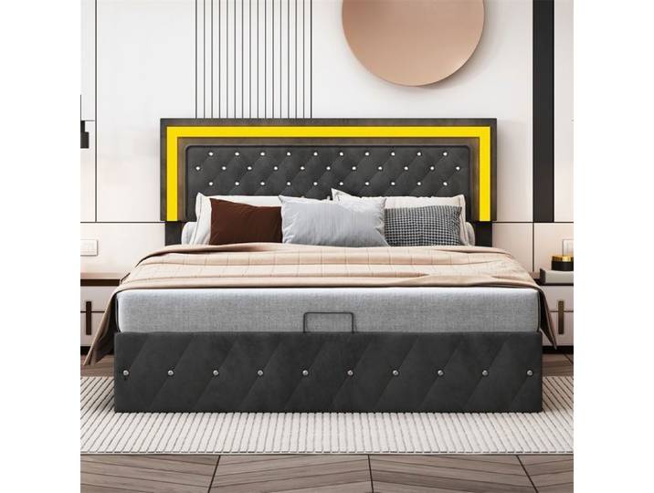 Lit double 160x200 cm - Lit coffre 160x200 cm - Design Capitonne à Boutons - Sans matelas - Sommier à Levage Hydraulique - Noir