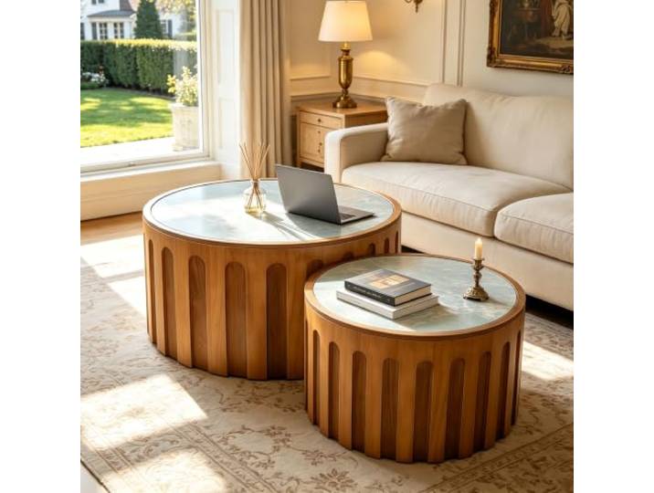 RYDZCLH Rundes Couchtisch 2er-Set mit Rillenstruktur und Marmorplatte Moderner Couchtisch Mit Geriffelter OberfläChe FüR Wohnzimmer, Schlafzimmer Und Kleine RäUme,Keine Montage