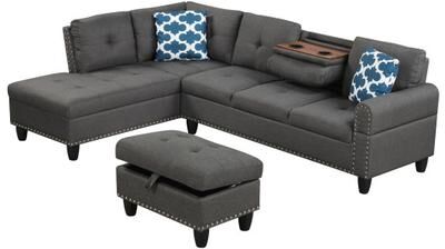 Costway 98 Inches Sectional Sofa Couch with Movable Storage Ottoman and Linen Fabric Backs-DG