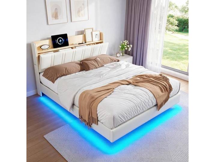 Lit Flottant 140x190 cm avec Tête de Lit Rembourrée Lit 140x190 avec Sommier Cadre de Lit 140x190 avec Multiprise et LED PU Blanc