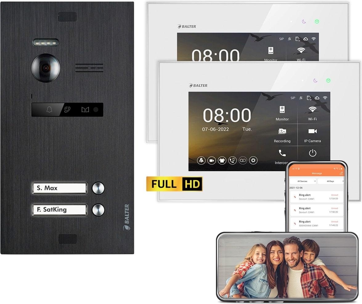 BALTER EVO HD WiFi Unterputz Schwarz 2-Draht 2x 7" Weiß Video Türsprechanlage Set 2 Familienhaus