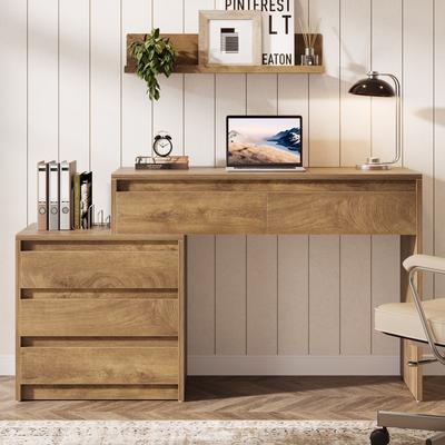 Bluebell Industrial Computer Desk with 5 Drawers & File Cabinet, Rustic Wood Office Desk with Printer Stand for Small Spaces