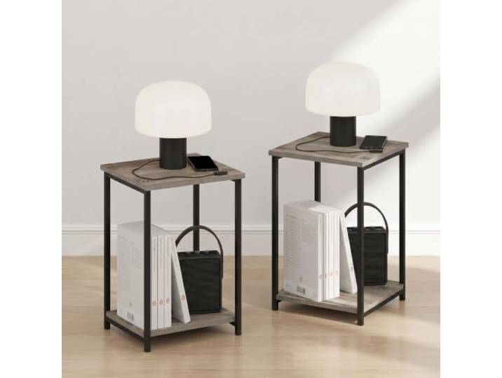 Furinno Simplistic Nachttisch, 2-stöckig, Metallrahmen, französische Eiche Offenes Regal, Nachttisch, Beistelltisch, Beistelltisch, Nachttisch, für Wohnzimmer, Schlafzimmer, kleiner Raum