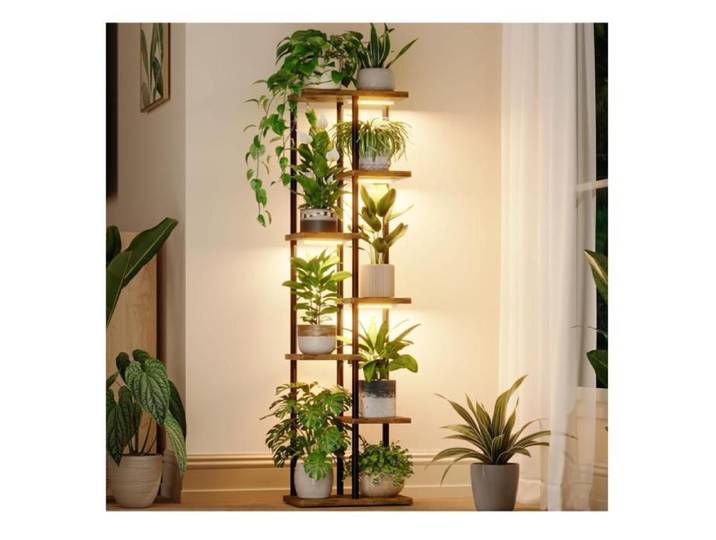Support Plantes Interieur avec Lampe Étagère Plante d'Angle 7 Niveaux Bois et Métal Support Plante avec Éclairage Salon Balcon