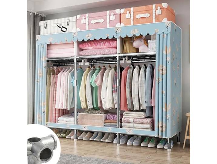Faltbarer, Tragbarer Kleiderschrank Mit Doppelvorhang Und Kleiderstange Kleiderschrank-Organizer(C)