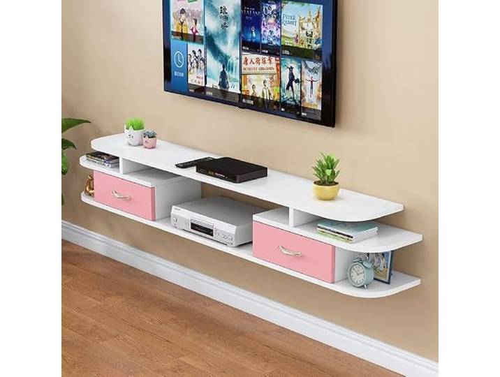 lowboard Schwimmender TV-Ständer, wandmontiertes Entertainment-Center, groß Stauraum mit verschiebbaren offenen Regalen auf der Tischplatte