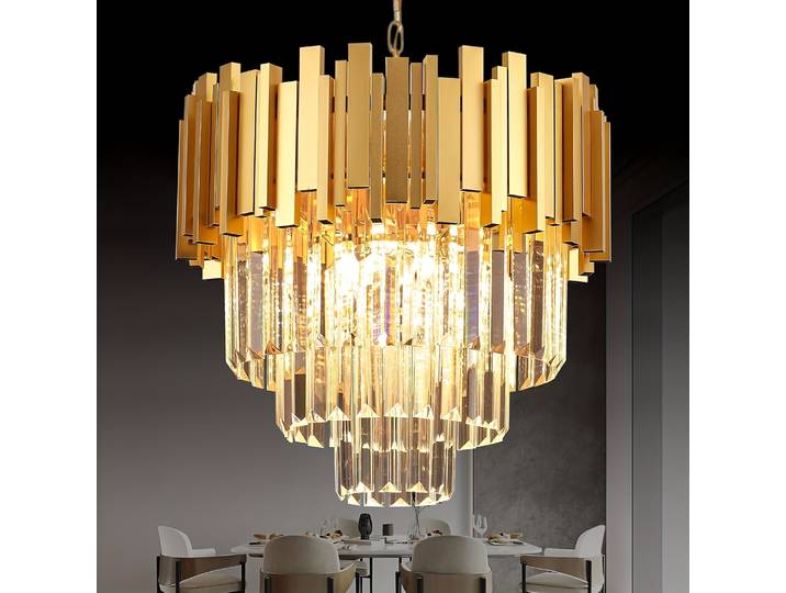 Lustre rond moderne en cristal K9 doré, lustre en cristal K9 antirouille réglable à 3 niveaux pour salle à manger/salon/chambre à coucher