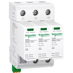 Schneider Electric A9L1C325 Kombiableiter, Acti9 iPRD1 C25r, Typ 1+2, Schutzmodule steckbar, 3P, Iimp 25kA, kompakt 3TE, FM-Kontakt