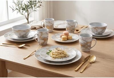 Safdie & Co. 20-Piece Grey Marble Porcelain Dinnerware Set with Gold Veining & Gold Flatware, Service for 4